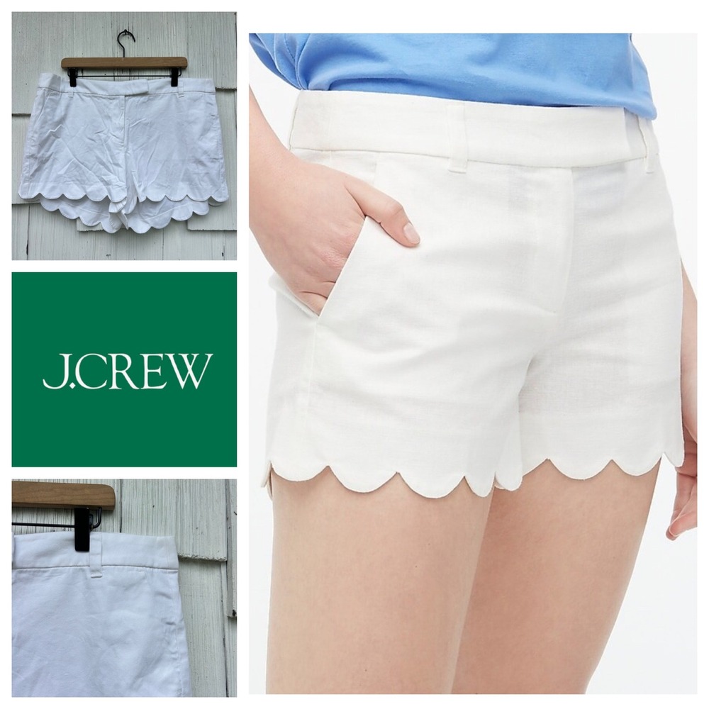 J.Crew Womens White Scalloped Hem 4 Inch‎ Cotton Twill Shorts Size 16 BH027 NEW